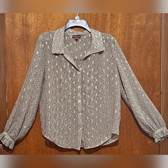 Vince Camuto Beige Button Blouse with Gold Metallic Dots Print Long Sleeve - Picture 2 of 10